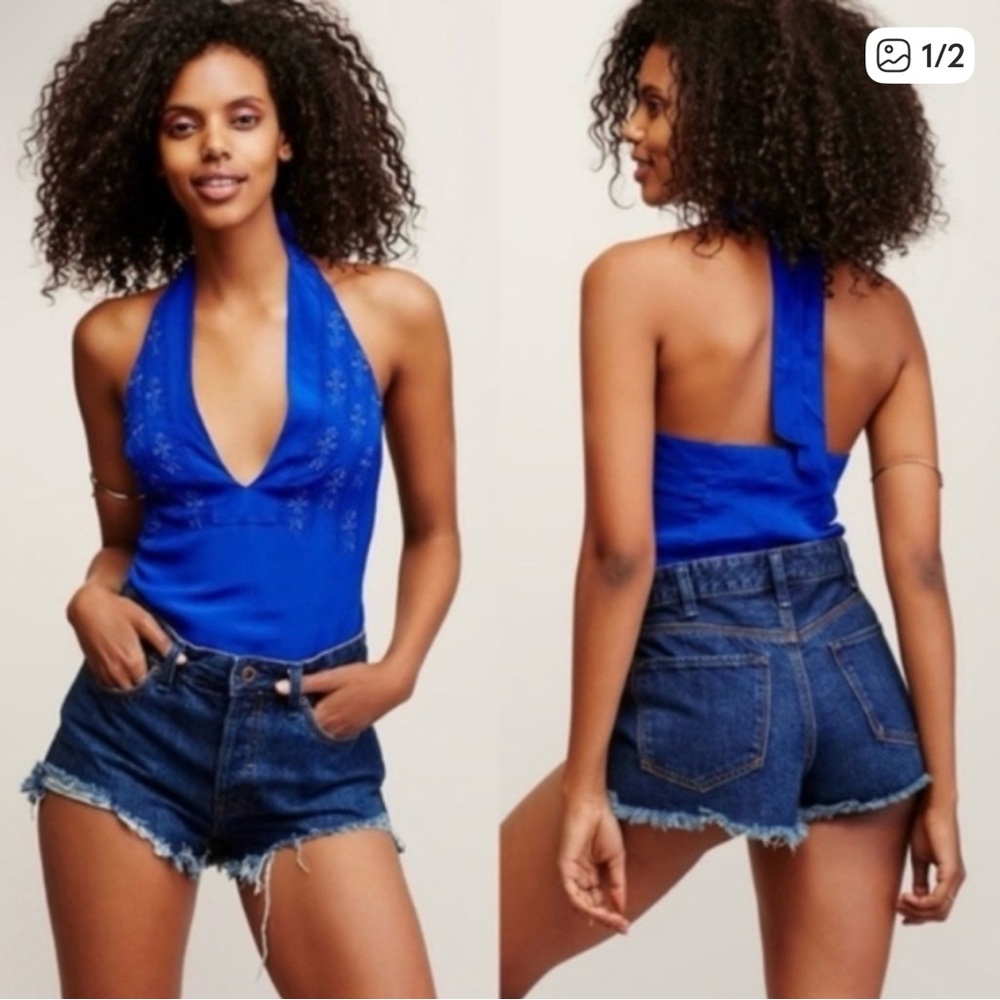 Free People Blue Embroidered Tank Top